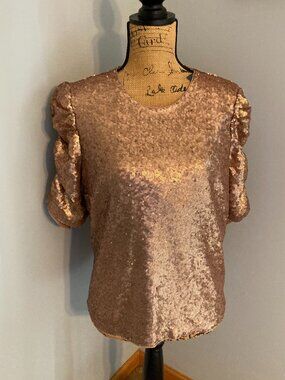 NWT Abercrombie & Fitch Rose Gold Sequin Puff Sleeve Blouse Women Size XL